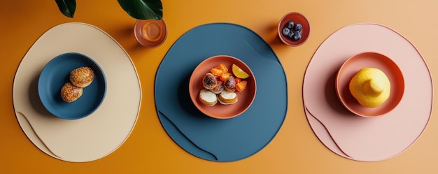 Photo modern design of four circular table placemats with vibrant colors and gourmet food presentation including fresh fruit and pastries on elegant dishes for a contemporary dining setting