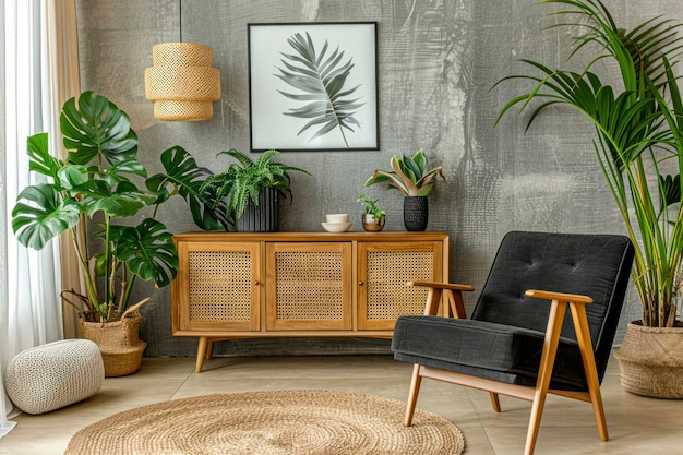 Photo modern design home interior of living room with wooden commode design black armchair tropical leafs