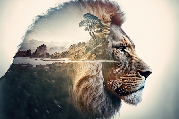 Modern design lion with double exposure background of african jungle