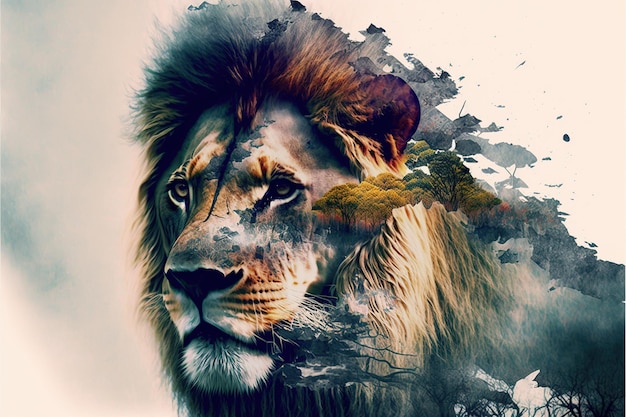 Modern design lion with double exposure background of african jungle