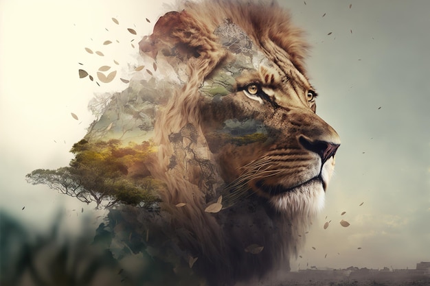 Modern design lion with double exposure background of african jungle