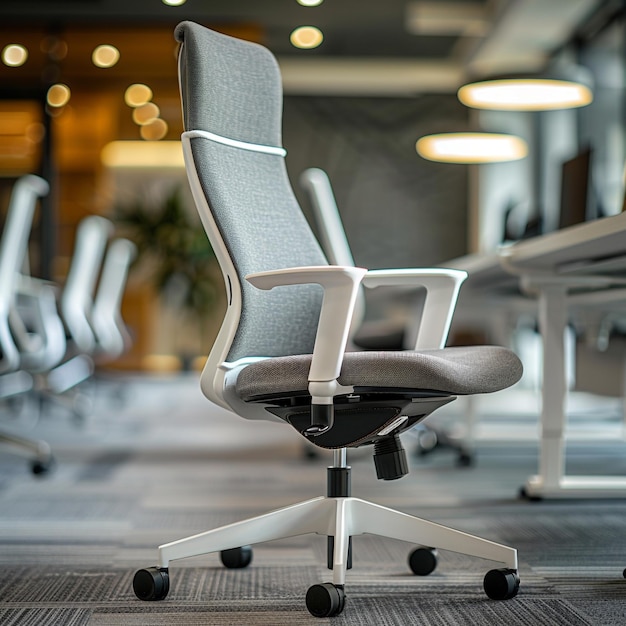 Photo modern design office chair with a white frame and gray fabric seat