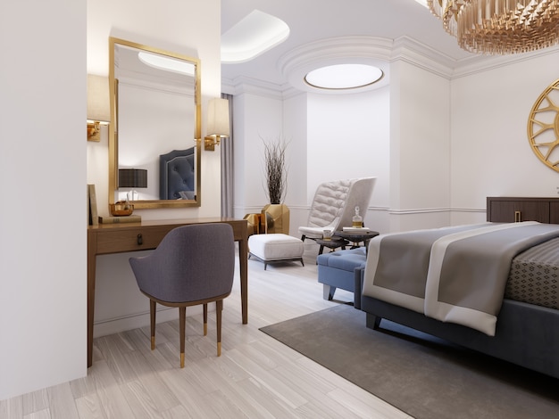 Modern design Suite with elegant furnishings and an open bathroom and bedroom. 3D rendering.