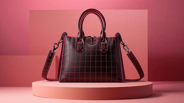 Modern designer handbag in a staged pink setting for fashion display