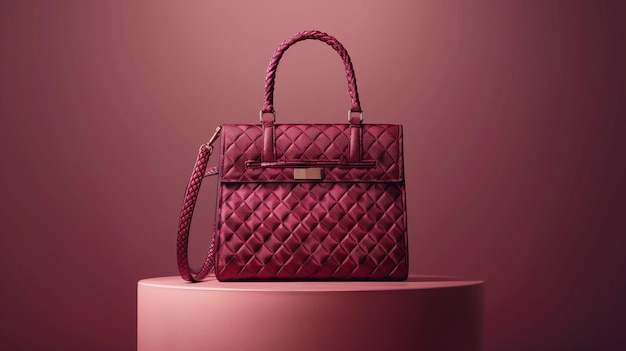 Modern designer handbag in a staged pink setting for fashion display