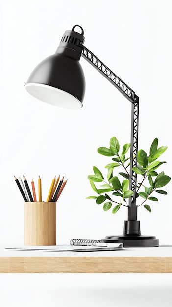 Photo a modern desk lamp and a small plant create a stylish workspace perfect for inspiration and productivity in office environments