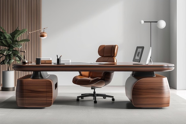 Modern Desk With Chair and Potted Plant