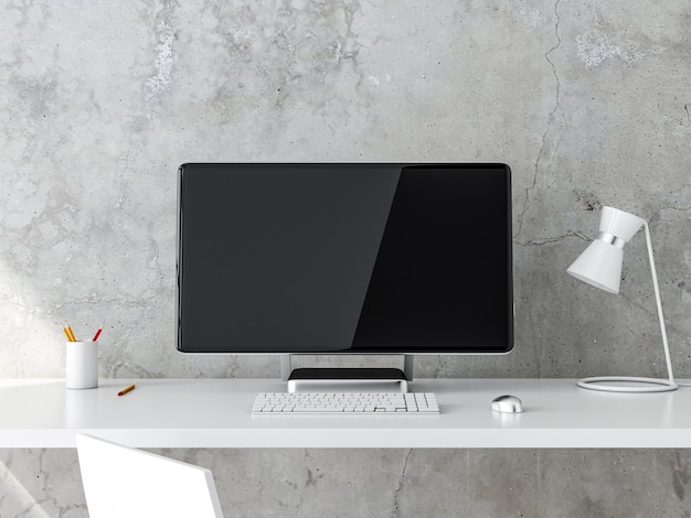 Modern Desktop Computer Mockup on white table 3d rendering