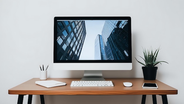 Modern desktop with computer and office supplies Workplace concept