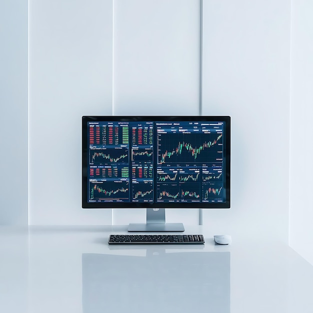 Photo modern desktop with stock trading platform displaying financial charts