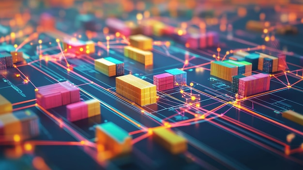 Photo modern digital network showing interconnected shipping containers across a vibrant technologyinspired layout