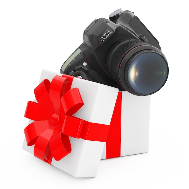 Modern Digital Photo Camera Come Out of the Gift Box with Red Ribbon on a white background. 3d Rendering