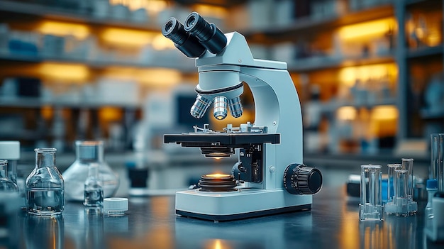 A modern digital trinocular microscope stands on a laboratory table