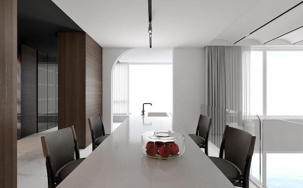 Modern Dining and kitchen interior with dining table and chairs.3D illustration