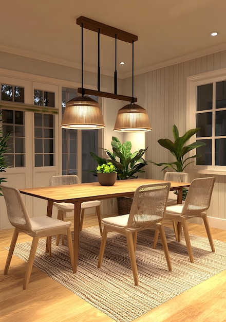 Modern Dining Room Design with Wooden Table and Wicker Chairs