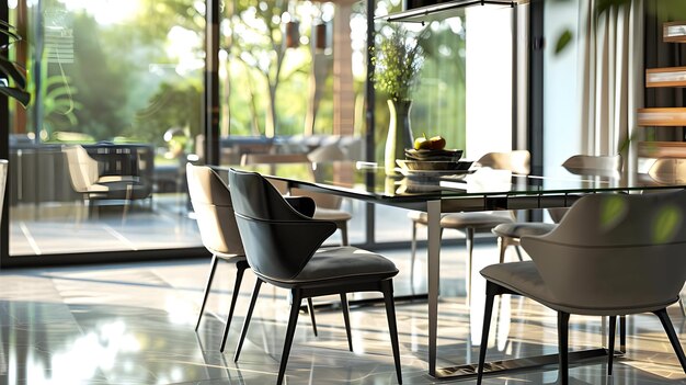 Photo modern dining room interior design with glass table and chairs 3d illustration