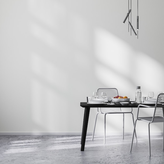 Modern dining room interior with black table and chairs and white wall with sunbeams, concrete floor, minimalist style, scandinavian, 3d rendering