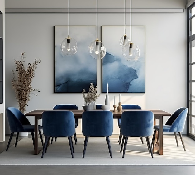 modern dining room interior with blue chairs and painting pictures on the wall