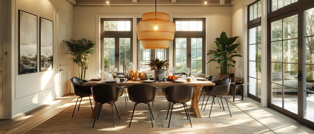 Photo modern dining room sunny and spacious