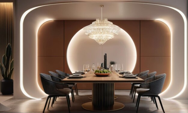 Photo modern dining room with elegant chandelier design