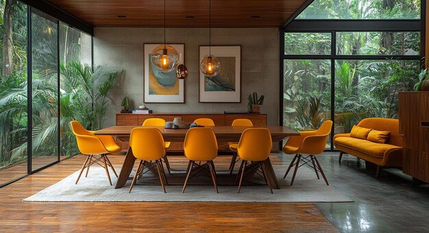 Photo modern dining room with glass panels natural lighting