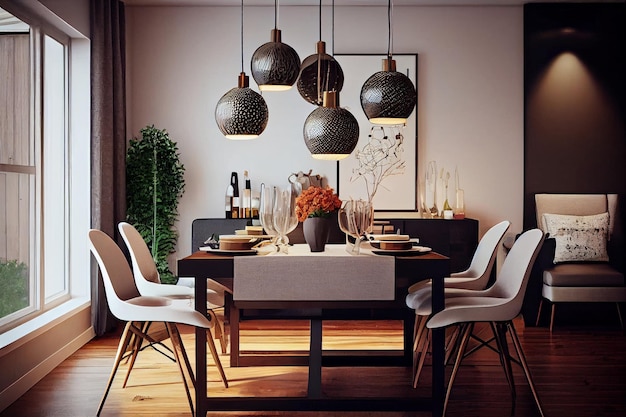 Modern Dining Room with Hanging Lamps