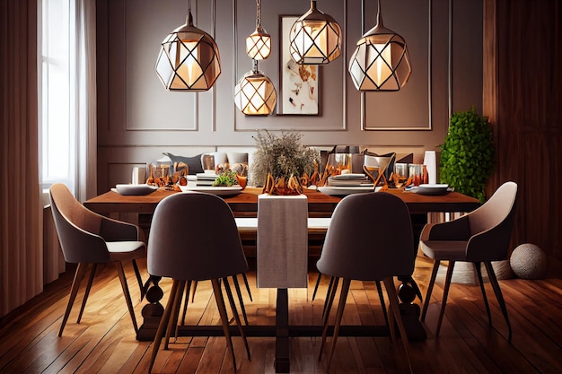 Modern Dining Room with Hanging Lamps