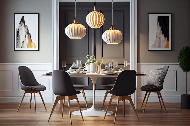 Modern Dining Room with Hanging Lamps