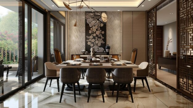 Photo modern dining room with intricate design elements and patio view