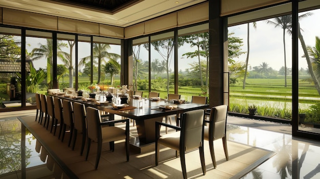 Modern Dining Room with Stunning View of Lush Rice Paddies