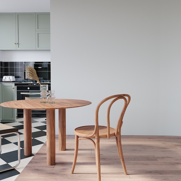 Modern dining room with wooden table and wooden chair 3d render