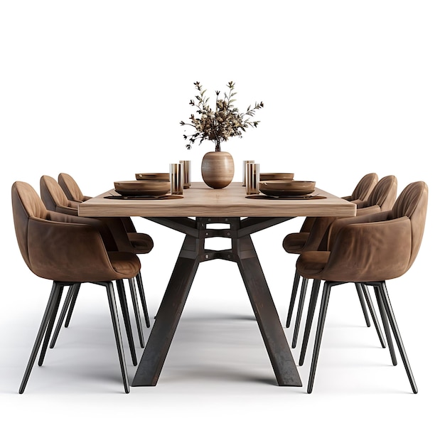 Modern dining table with brown chairs and a wooden top on a white background