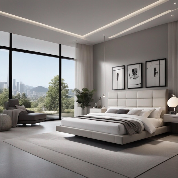 A modern double bedroom with white sofa hd image