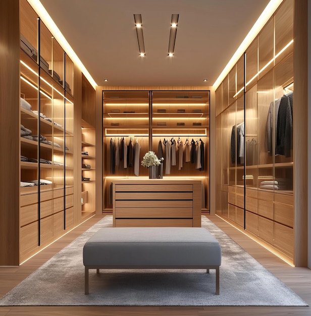 Modern dressing room with light wood and glass elements interior design white walls minimalism