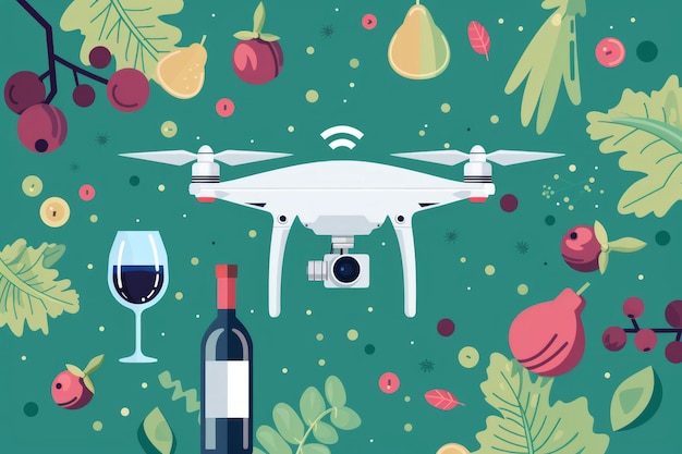 Modern Drone Technology with Wine and Nature Elements Aerial Photography Wine Bottles and Vibrant