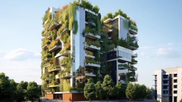 Modern eco building in city with vertical vegetation on exterior