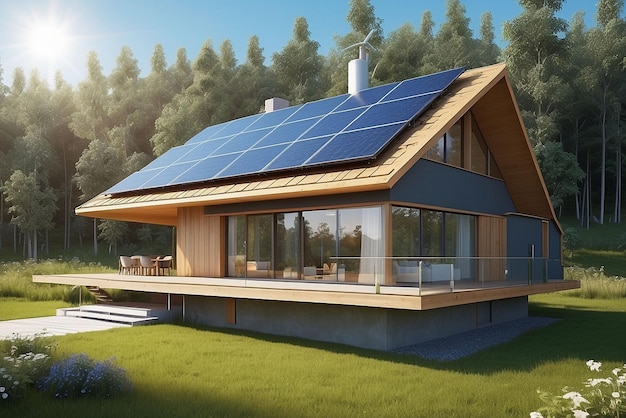 Modern eco house with solar panels and windmills to use alternative energy3d rendering