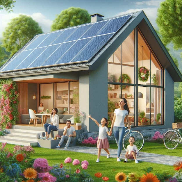 Photo modern eco house with solar panels and windmills to use alternative energy3d rendering