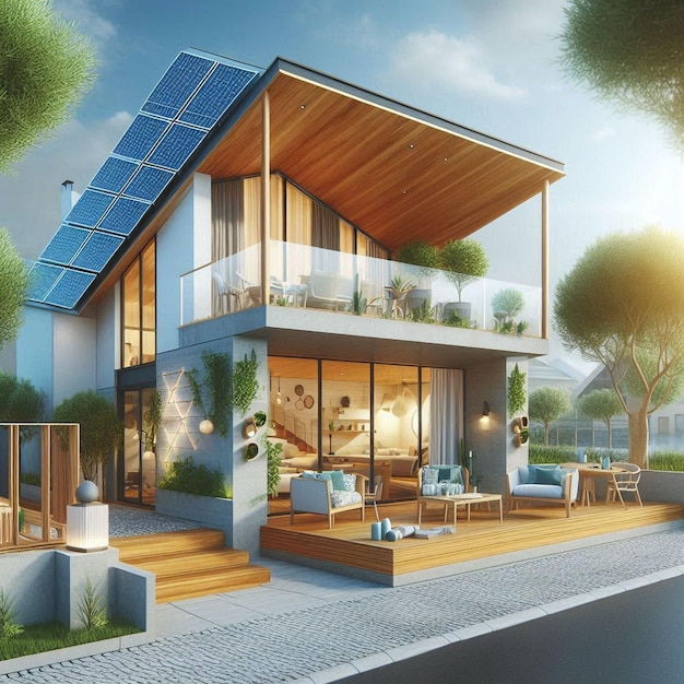 Modern eco house with solar panels and windmills to use alternative energy3d rendering