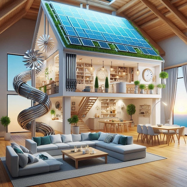 Photo modern eco house with solar panels and windmills to use alternative energy3d rendering