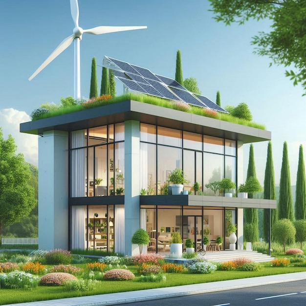 Modern eco house with solar panels and windmills to use alternative energy3d rendering