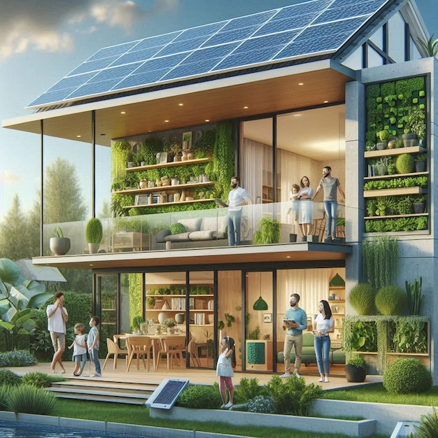 Modern eco house with solar panels and windmills to use alternative energy3d rendering