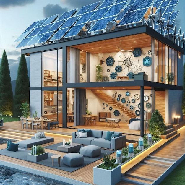 Photo modern eco house with solar panels and windmills to use alternative energy3d rendering