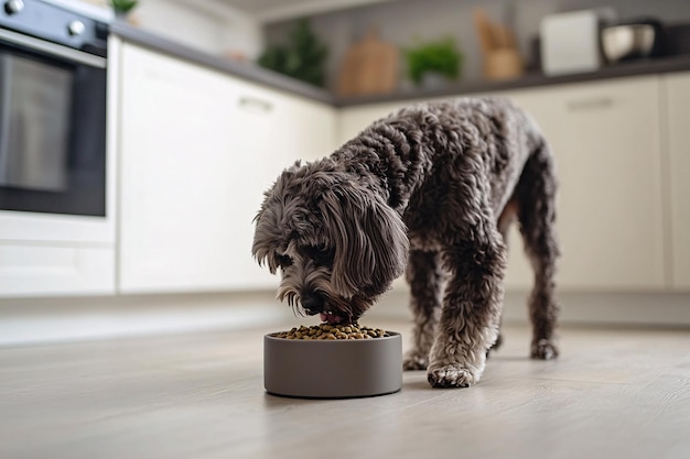 Photo a modern ecofriendly dog food bowl in a stylish kitchen where a joyful dog embraces a healthy pet li