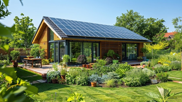 A modern ecofriendly home with solar panels on the roof surrounded by a lush garden with a variety