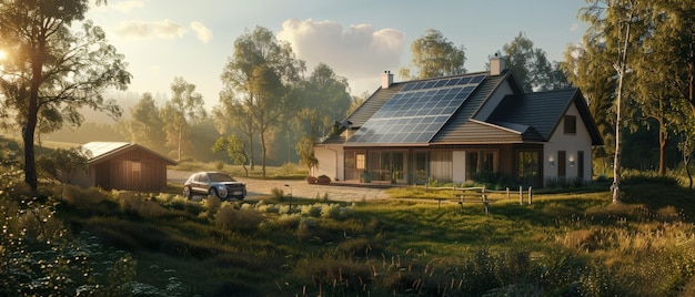 Modern ecofriendly house with solar panels during a tranquil sunrise