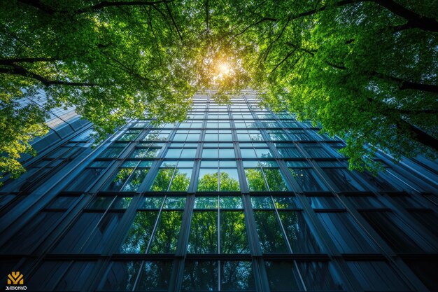 Photo modern ecofriendly office building with glass facade and green trees in sustainable city design