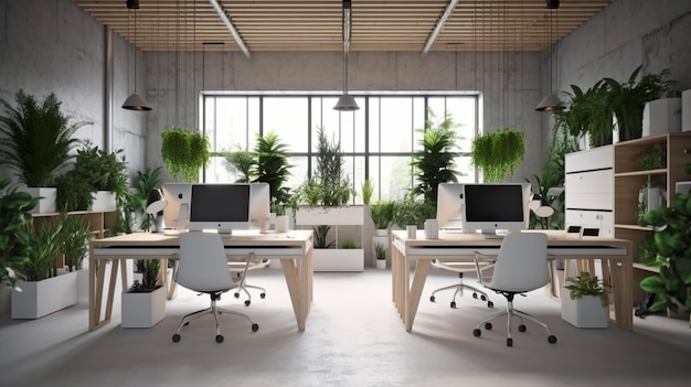 Modern ecofriendly office with plants hightech eco workstation Generative AI