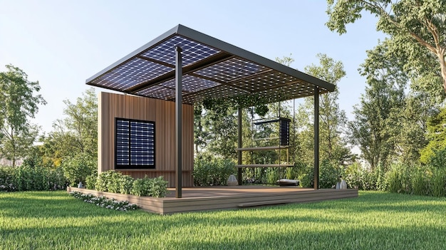 Modern ecofriendly outdoor structure with solar panels surrounded by greenery on a sunny day