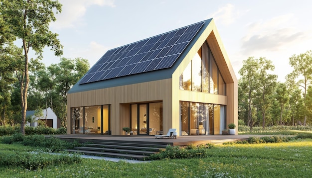 Modern EcoFriendly Passive House with Roof Solar Panels and Landscaped Yard